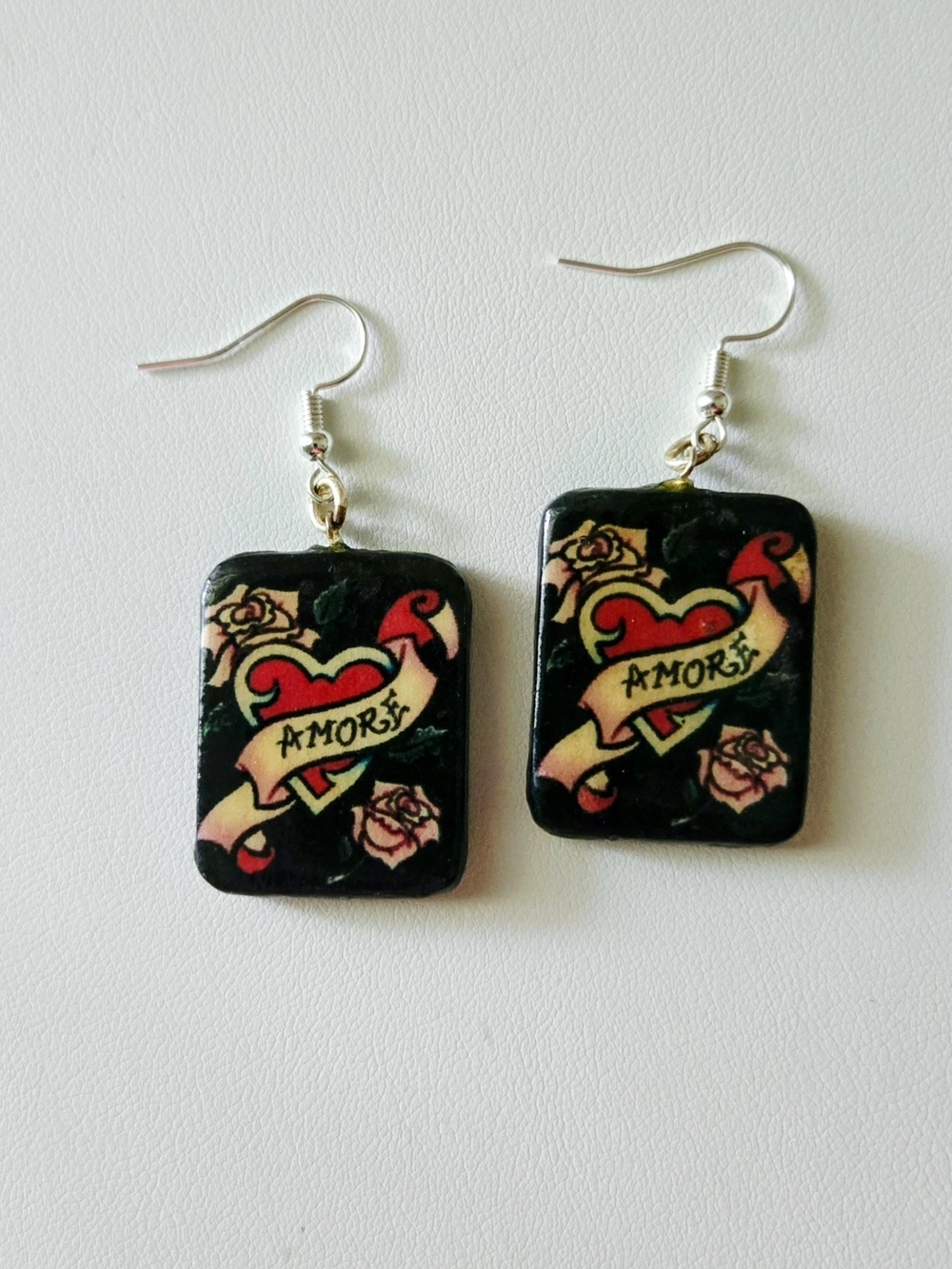 Amore Heart Rose Tattoo-Style Drop Earrings in Black and Red